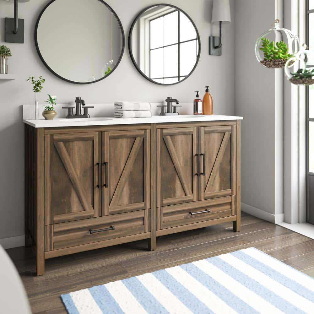 Canyon Lake Pine Double Bathroom Vanity with White Stone Top