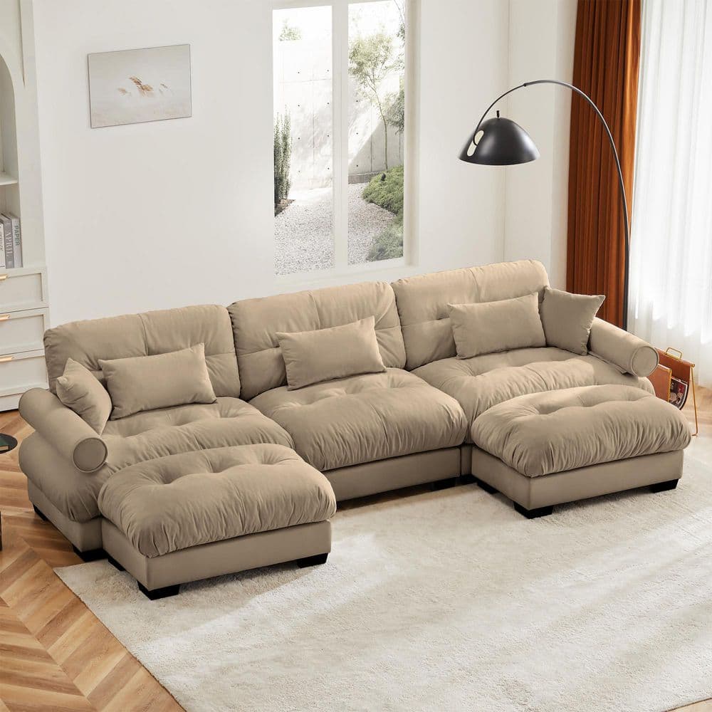 Dalton 130 in. Velvet Upholstered U Shape Sectional Sofa in. Brown+Camel with 2 Ottomans, Blostered Armrests, Pillows