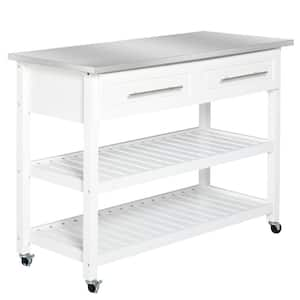 Rolling White Stainless Steel Top 47 in. Kitchen Island Cart with Drawers and Open Shelves