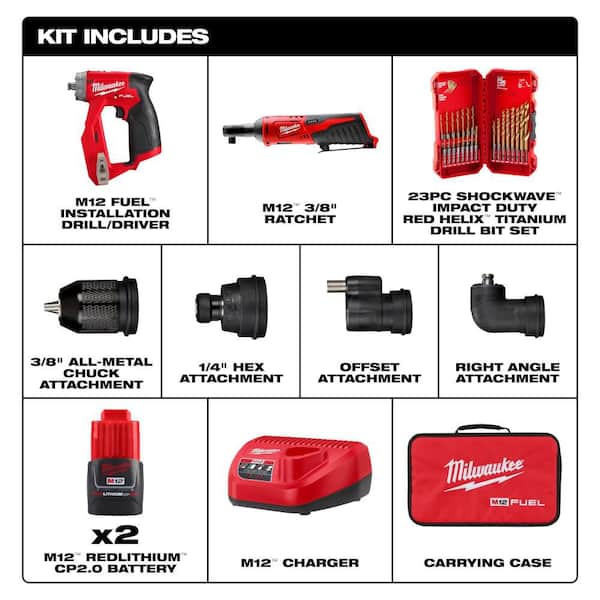 M12 FUEL 12V 4-in-1 Installation 3/8 in. Drill Driver Kit with M12 3/8 in. Ratchet with SHOCKWAVE 23-Pc Titanium Set
