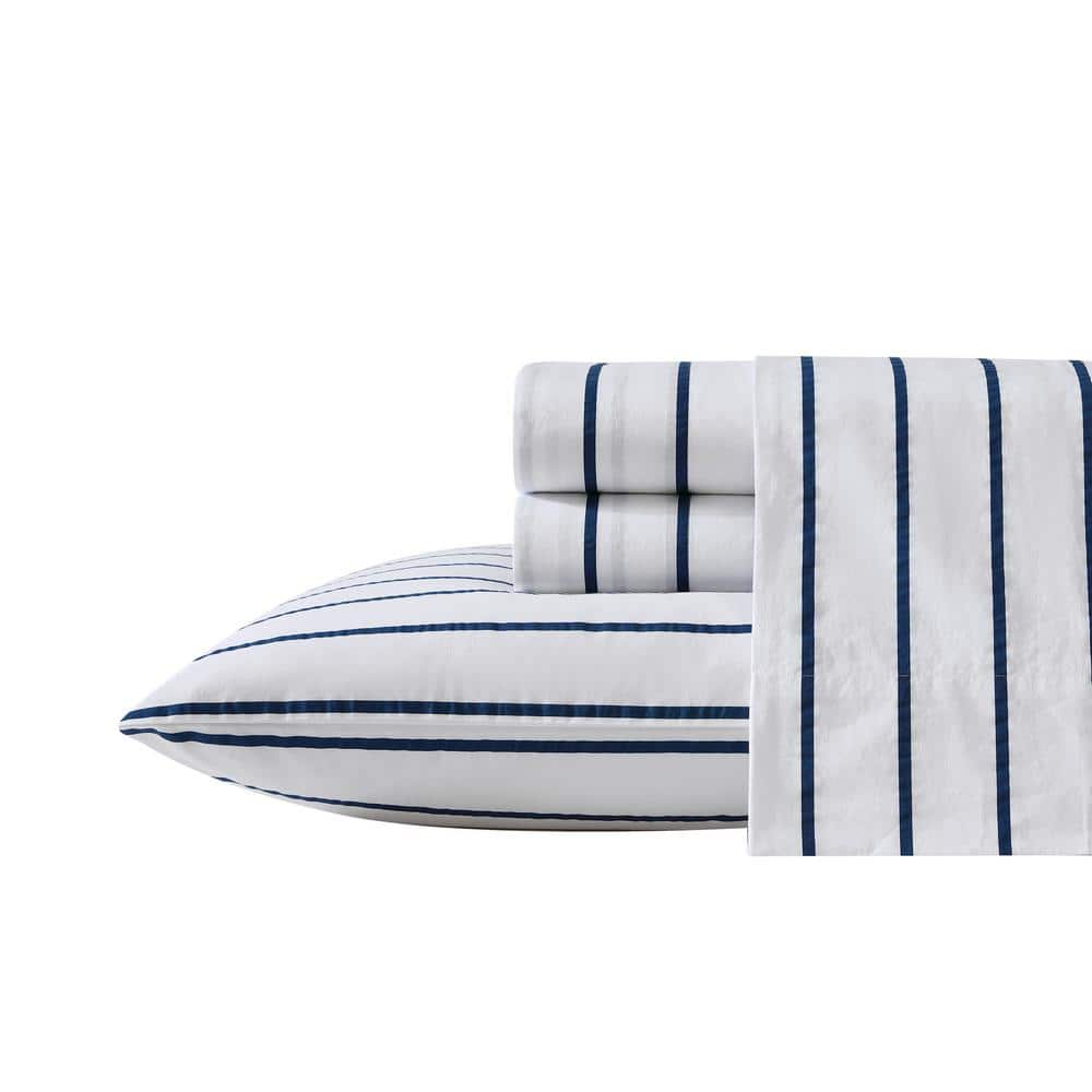 Nautica Brenton Stripe 3-Piece Navy Blue Cotton Twin XL Sheet Set