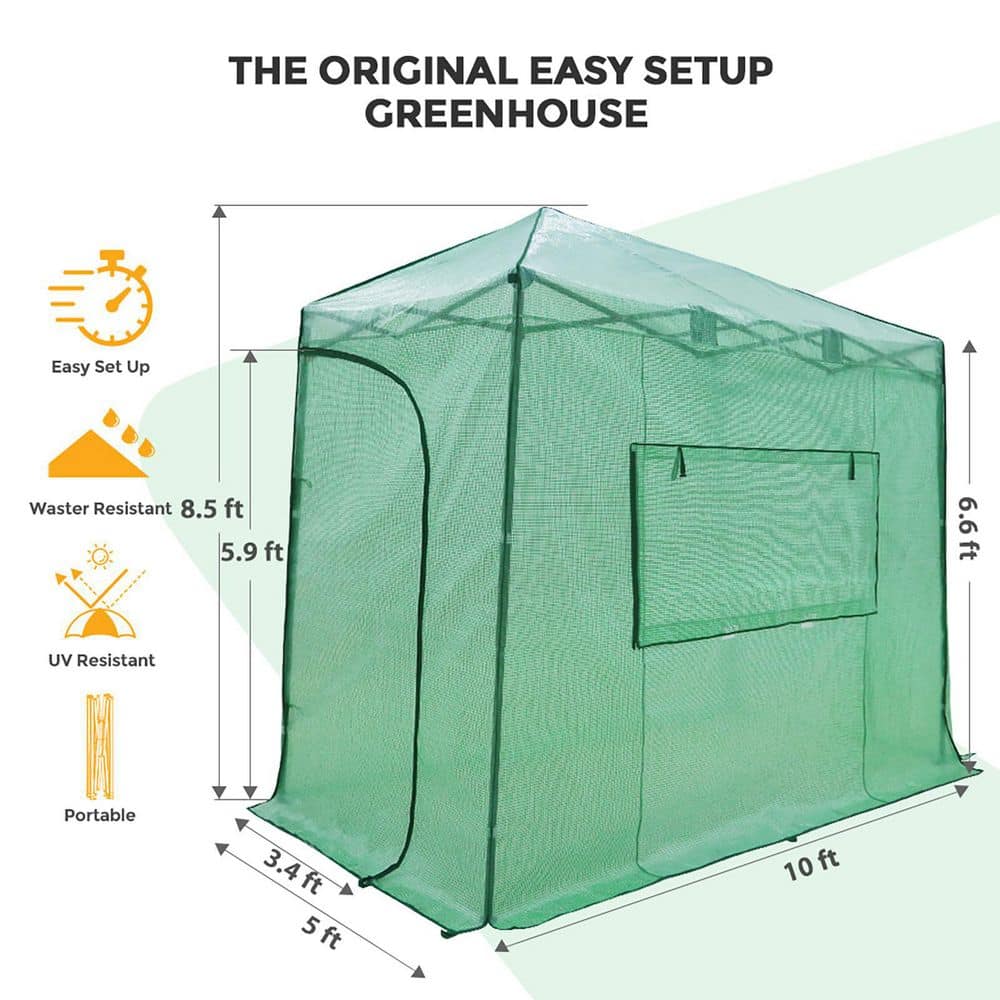 Green 10x5 Portable Walk-In Greenhouse with Zippered Doors
