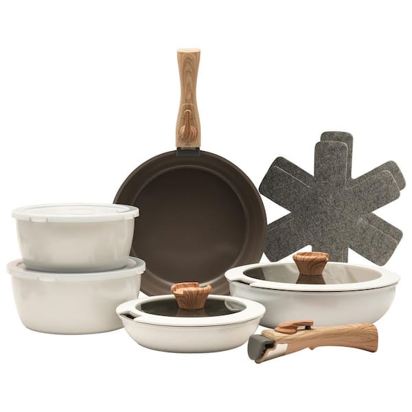 13-Piece White Aluminum Nonstick Cookware Set with Ceramic Coating, Detachable Handles, Oven Safe, PTFE Free
