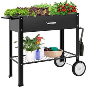 37.79 in. x 20.31 in. x 32.87 in. Black Metal Mobile Elevated Planter Box with Wheels and Storage Shelf