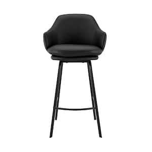 30 in. Black Faux Leather and Black Metal Swivel Bar Stool