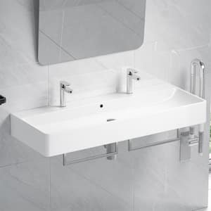 Turner 44 in. White Vitreous China Rectangular Wall-Mount Bathroom Trough Vessel Sink w/ Double Faucet Hole and Overflow