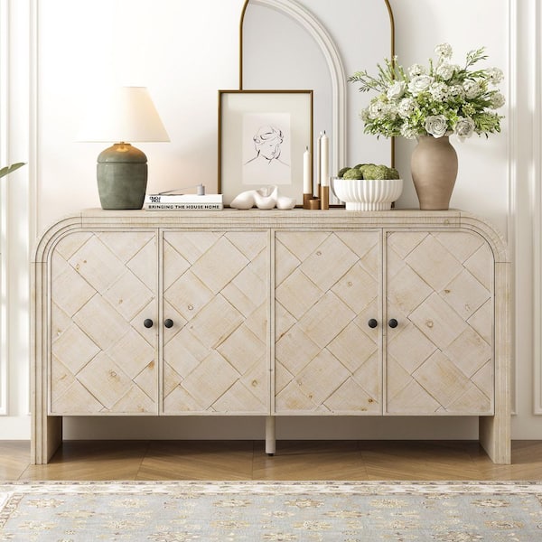 Farmhouse Collection Antique Beige Wood 59.8 in. Sideboard with Adjustable Shelves