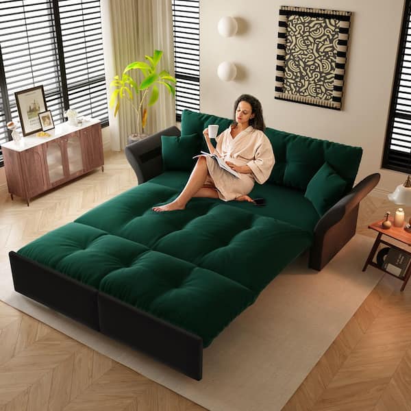 74.8 in. Green Velvet Queen Size Sofa Bed Convertible Loveseat with 2 Soft Pillows