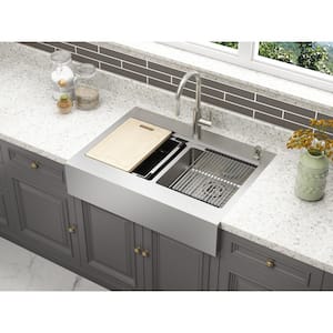 Blanchard Retrofit Workstation Dual Mount Stainless Steel 33 in. 2-Hole 50/50 Double Bowl Flat Front Apron Kitchen Sink
