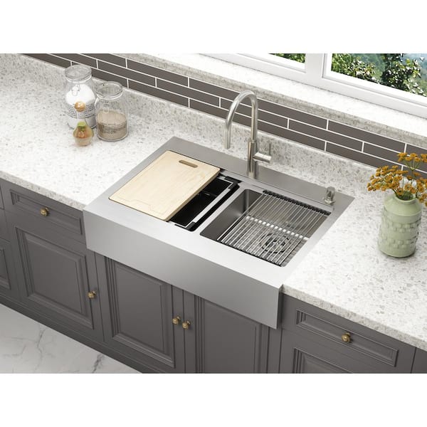 CMI Blanchard Retrofit Workstation Dual Mount Stainless Steel 33 in. 2-Hole 50/50 Double Bowl Flat Front Apron Kitchen Sink