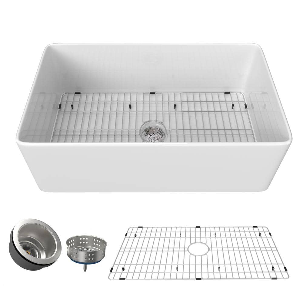 36 in. Apron Front Single Bowl White Fireclay Kitchen Sink with Bottom Grid