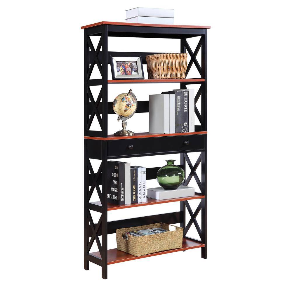 Oxford Modern 5-Tier Cherry & Black Bookcase with Concealed Drawer