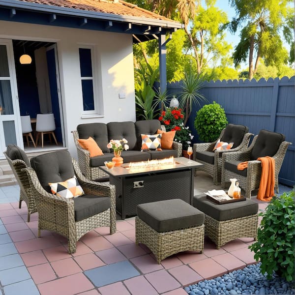 HOOOWOOO Cherry 8-Piece Wicker Outdoor Fire Pit Furniture Patio Conversation Sofa Seating Set with Black Cushions