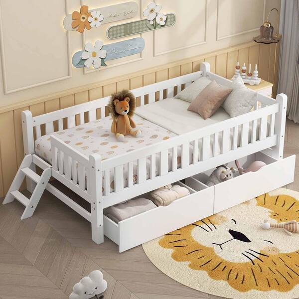 Polibi White Wood Frame Twin Size Platform Bed with Guardrail and 2-Drawers