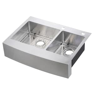 Retrofit Drop-In/Undermount Stainless Steel 33 in. 2-Hole 60/40 Double Bowl Curved Farmhouse Apron Front Kitchen Sink