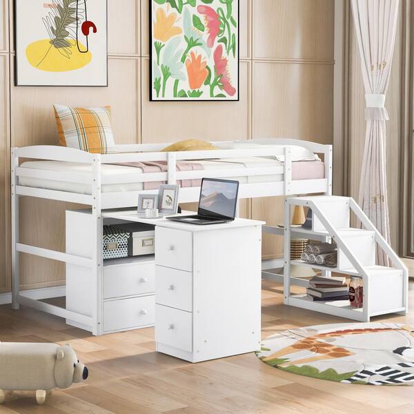 URTR Wooden White Low Twin Size Loft Bed with Desk and Staircase, Loft ...