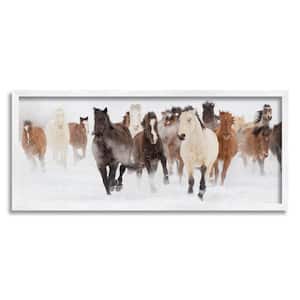 Wild Horses Herd Foggy Winter Day Running Snow Painting by Danita Delimont Framed Animal Art Print 30 in. x 13 in.