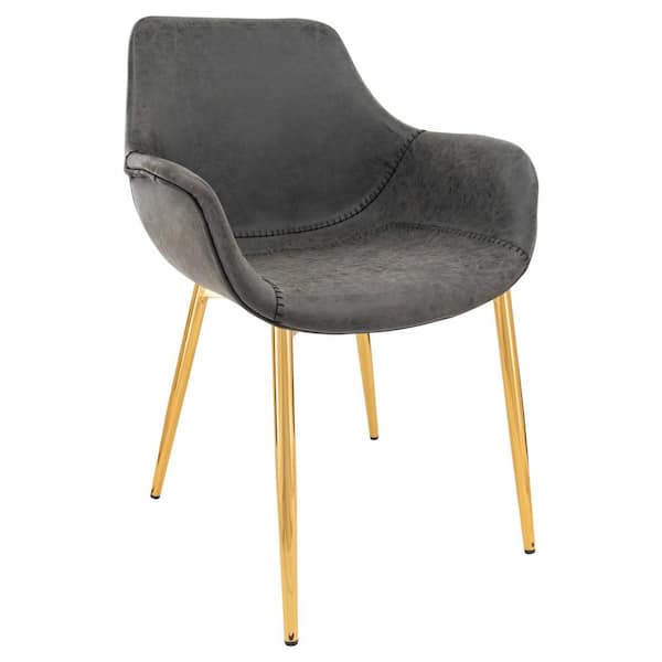 Leisuremod Markley Modern Leather Dining Arm Chair With Gold Metal Legs in Charcoal Black