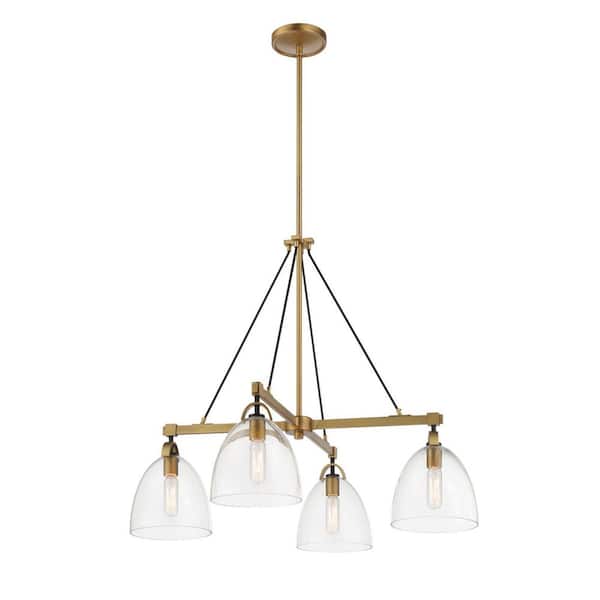 Sommersby 4-Light Legacy Brass and Matte Black Square Chandelier for Kitchen with Clear Glass Shades No Bulbs Included