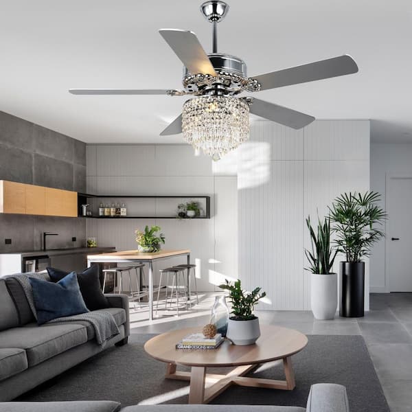 Luminelle 52 in. Indoor Chrome Crystal Luxury Ceiling Fan with Light Kit and Remote, 5-Reversible Blades