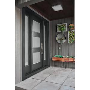 36 in. x 80 in. Left-Hand 3 Lite Satin Etched Decorative Glass Black Painted Fiberglass Prehung Front Door w/Brickmould