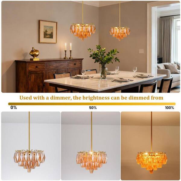 PUYRNF 17 in. 3-Light Brass Amber Glass Chandelier, Luxury Kitchen