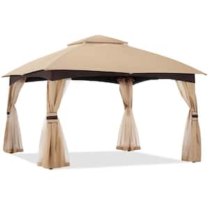 10 ft. x 12 ft. Beige Outdoor Steel Patio Gazebo with 2-Tier Vented Soft Top Canopy and Netting