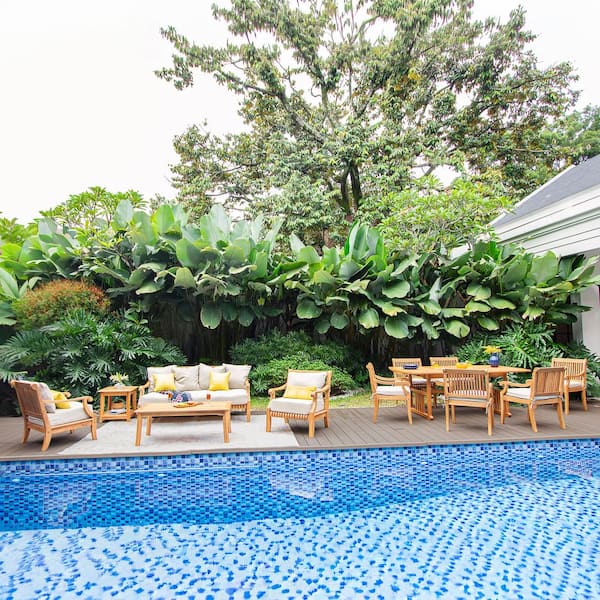 Tahoe 12-Piece Teak Wood Outdoor Patio Conversational set in Beige Cushion