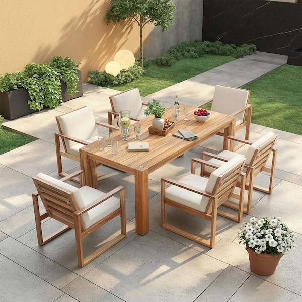 7-Piece Light Teak Acacia Wood Outdoor Conversation Set Patio Dining Set with Thick Beige Cushion and Umbrella Hole