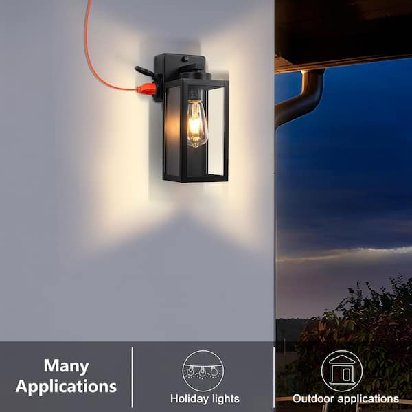 12. 5in. Black Dusk to Dawn Outdoor Hardwired Wall Lantern Sconce with Built-in Outlet, No Bulbs Included (2-Pack)