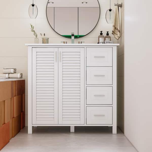 FUFU&GAGA 36.2 in. W x 19.9 in. D Bath Vanity Cabinet in White with Sink, Ceramic Vanity Top and Shutter Door and 4-Drawers