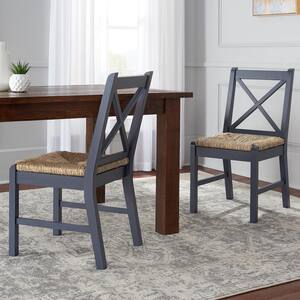 Dorsey Midnight Blue Wood Dining Chair with Cross Back and Rush Seat (Set of 2) (17.72 in. W x 35.43 in. H)