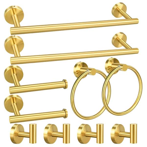 10-Piece Bath Hardware Set with Hand Towel Bars, Toilet Paper Holders, Towel Rings and Robe Towel Hooks in Brushed Gold