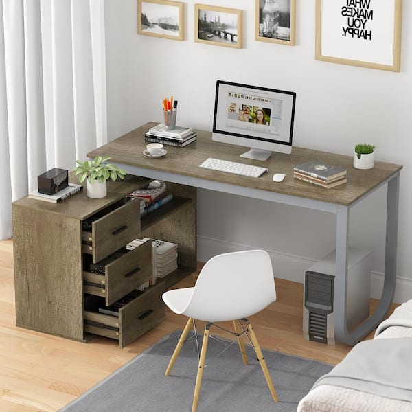 FUFU&GAGA 55.1 in. L-Shaped White Wood Writing Desk Executive Desk With USB  interface and socket, Shelves, Drawers Home Office Use KF210009-32 - The  Home Depot