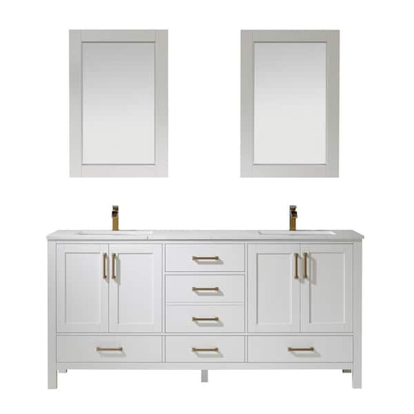ROSWELL Shannon 72 in. Bath Vanity in White with Artificial Fine white stone countertop with White Basins and Mirror