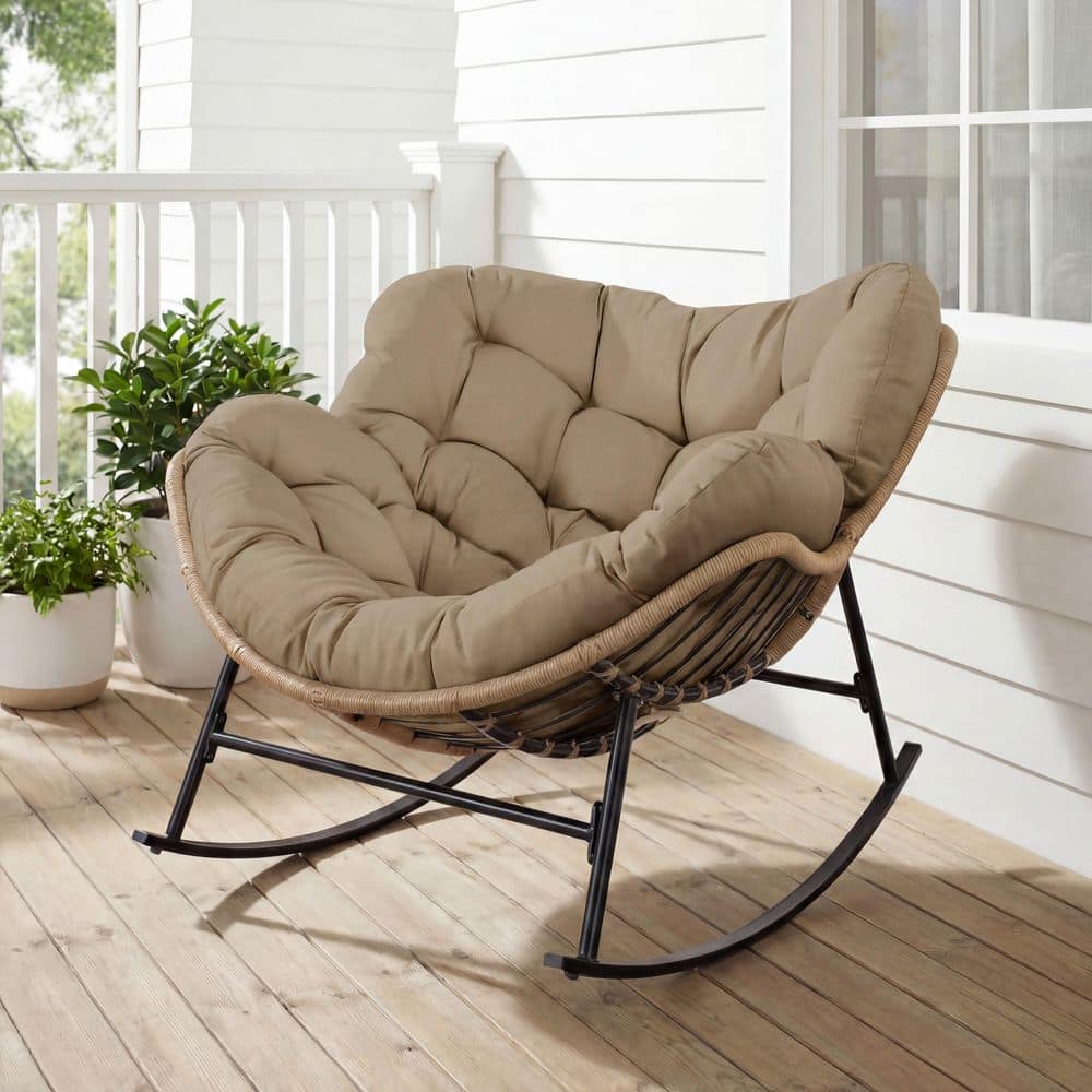 Oversized Brown PE Wicker Outdoor Rocking Chair Papasan Chair with Brown Cushion