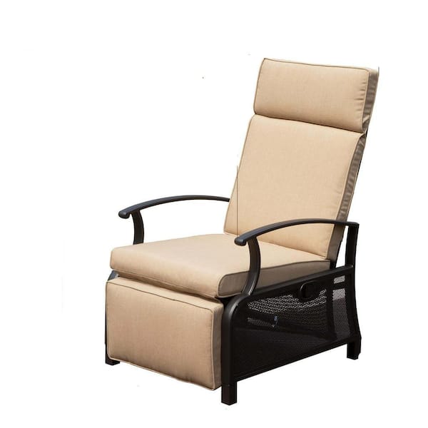 Black Metal Outdoor Adjustable Recliner Lounge Chair with Removable Beige Cushions
