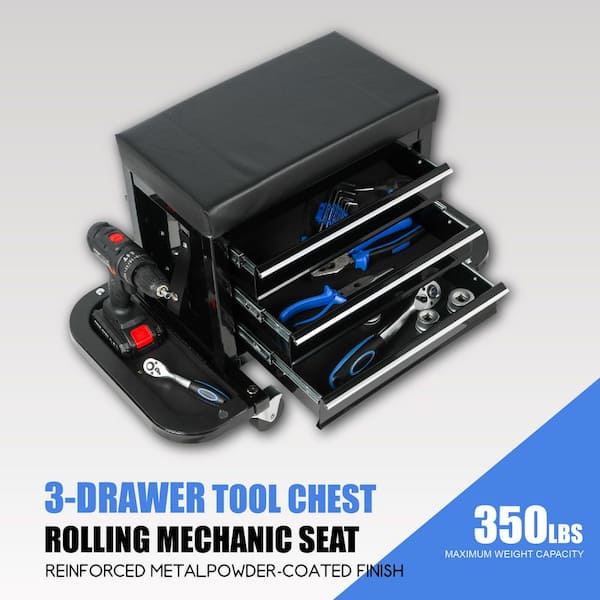 350 lb. Capacity Black Steel Rolling Creeper, Rolling Mechanic Seat with Tool Tray and 3 Built-in Drawers for Garage