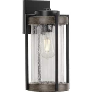 Whitmire 1-Light Matte Black with Aged Oak Accents Clear Seeded Glass Farmhouse Outdoor Wall Lantern Sconce