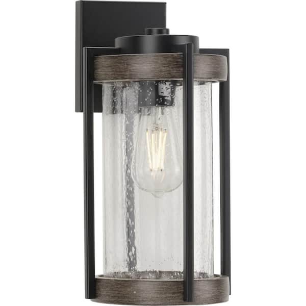 Progress Lighting Whitmire 1-Light Matte Black with Aged Oak Accents Clear Seeded Glass Farmhouse Outdoor Wall Lantern Sconce