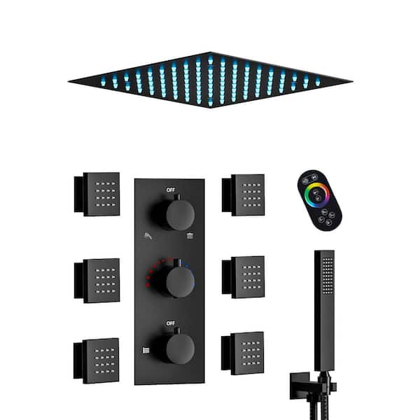 YAWWALK Thermostatic 5-Spray Patterns 12 in. LED Mood Lighting Shower Faucet with 6-Jets in Matte Black (Valve Included)
