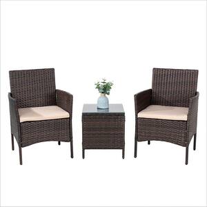 Brown 3-Pieces Outdoor Rattan Wicker Conversation Set Patio Furniture Set with Beige Cushions