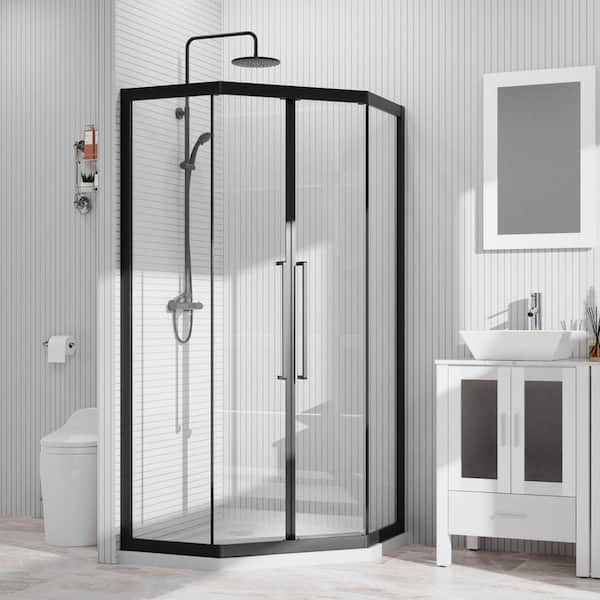 36 in. W x 72 in. H Neo Angle Sliding Framed Corner Shower Enclosure in Matte Black with 1/4 in. Clear Tempered Glass