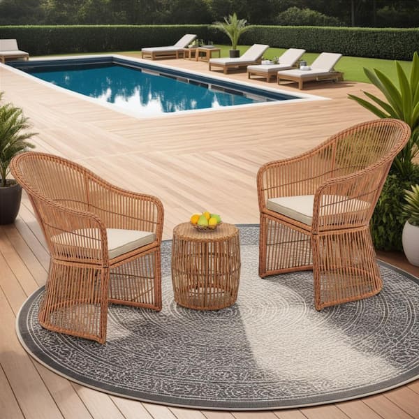 Natural 3-Piece Wicker Outdoor Patio Conversation Set with Beige Cushions