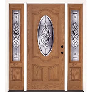 63.5 in.x81.625 in. Lakewood Patina 3/4 Oval Lite Stained Light Oak Left-Hand Fiberglass Prehung Front Door w/Sidelites
