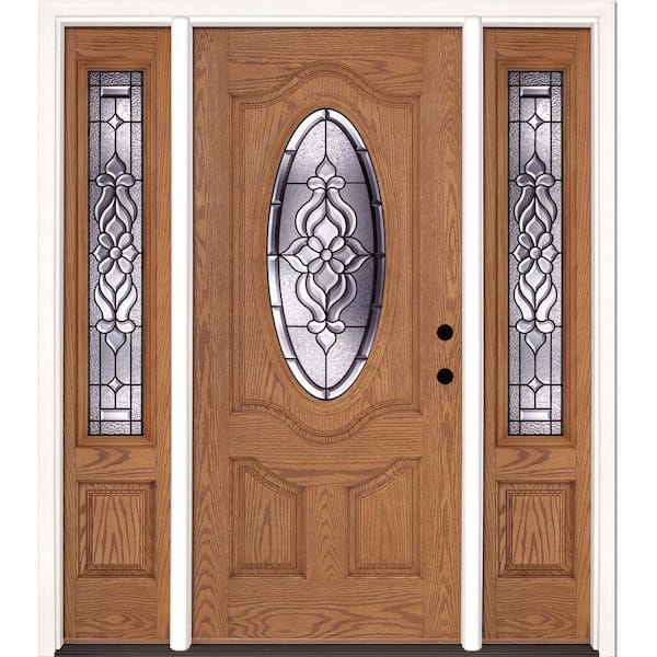 Feather River Doors 63.5 in.x81.625 in. Lakewood Patina 3/4 Oval Lite Stained Light Oak Left-Hand Fiberglass Prehung Front Door w/Sidelites