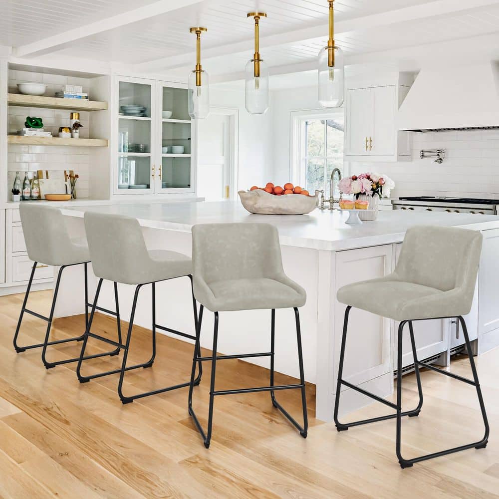 26.5 in. H Faux Leather Bar Stool Counter Height Thick Seat Cushion Bar Chairs with Metal Frame in Gray