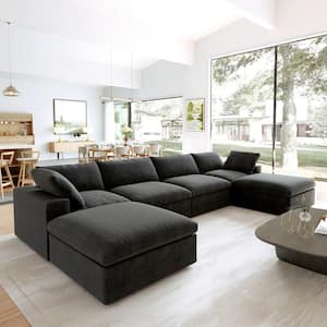 160.6 in. Modular 6-Piece 30% Linen Down Filled Rectangle Seperable Sectional Sofa U-shaped Couch with Ottoman in. Black