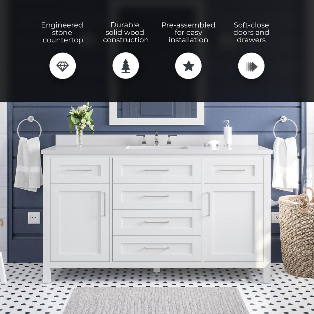 Pure White 60" Freestanding Bathroom Vanity with Single Sink