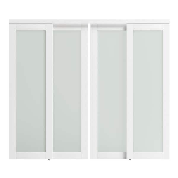96 in. x 80 in. (Double 48 in. Doors) MDF, White Double Frosted 1-Panel Glass Sliding Door with All Hardware